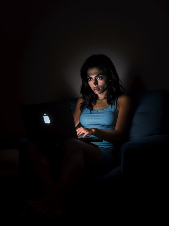 00014-2150507549-1 woman, sitting on sofa, legs apart, gooning, dark room, lit by screen, laptop computer, coffee table, slack jaw,, Stareware, _.jpeg